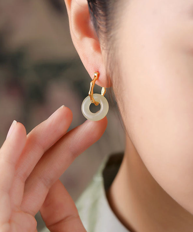 Simple Gold Sterling Silver Overgild Jade Bamboo Hoop Earrings - Omychic