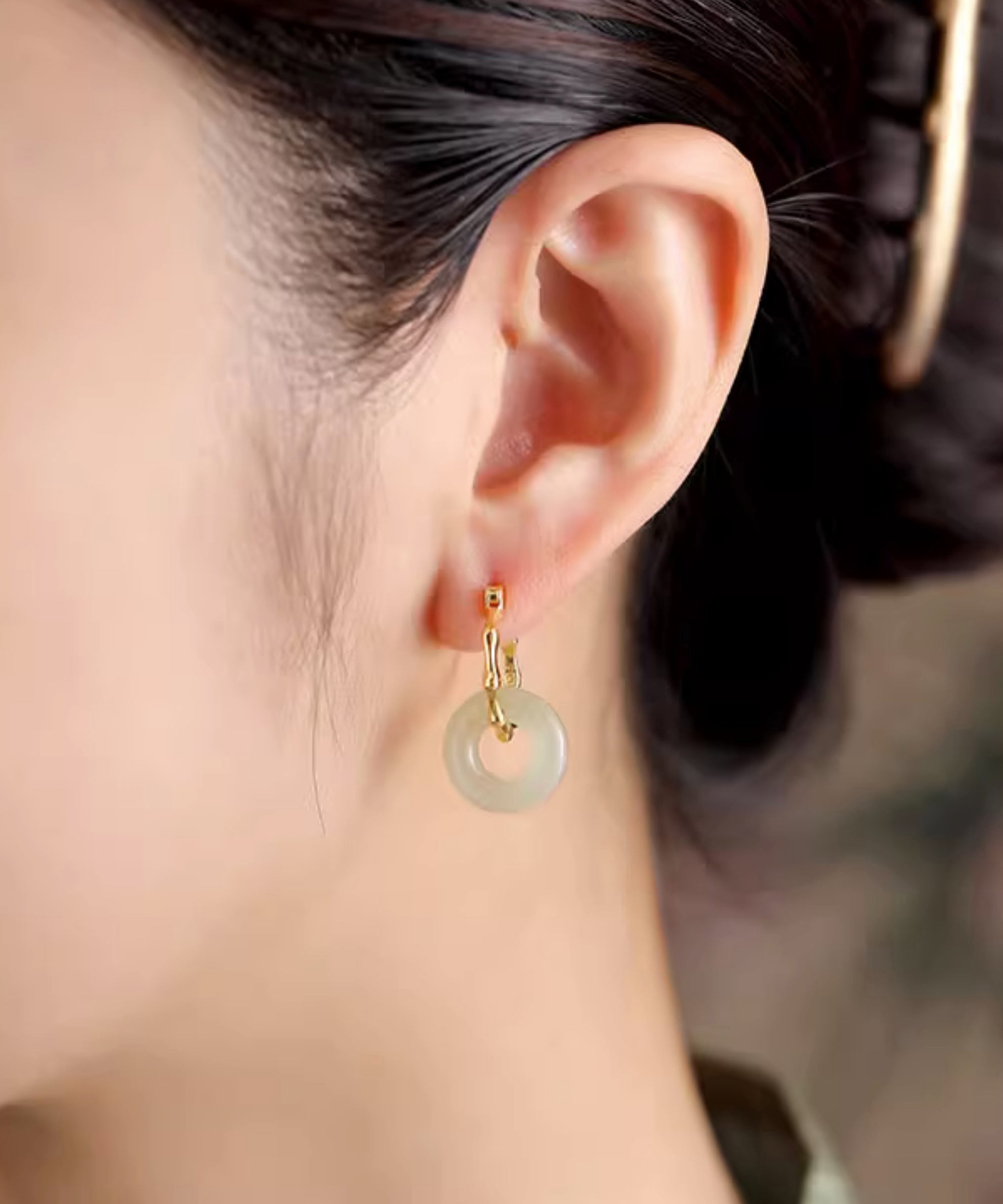 Simple Gold Sterling Silver Overgild Jade Bamboo Hoop Earrings - Omychic