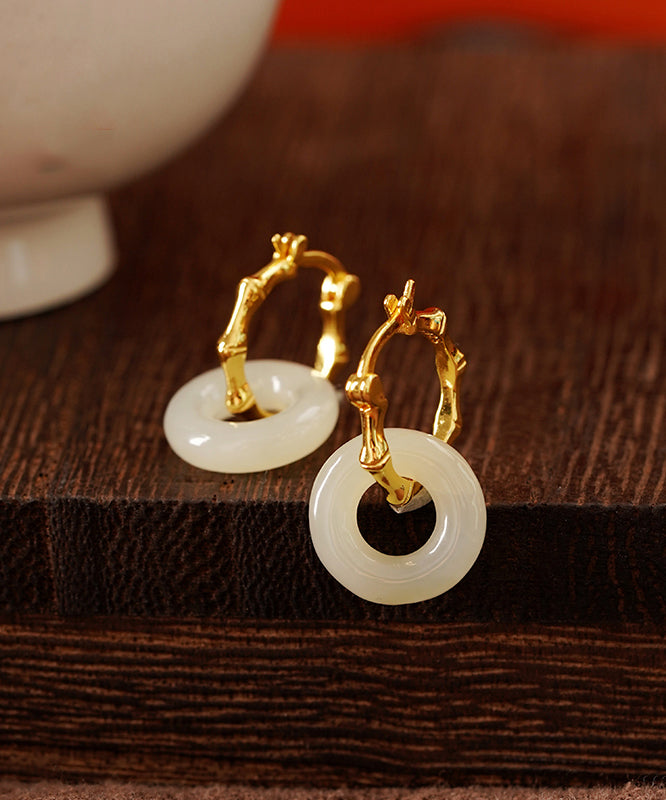 Simple Gold Sterling Silver Overgild Jade Bamboo Hoop Earrings - Omychic