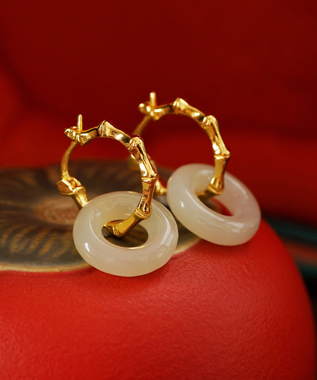 Simple Gold Sterling Silver Overgild Jade Bamboo Hoop Earrings - Omychic