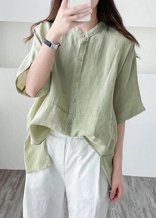 Simple Green Asymmetrical Button Cotton Shirt Summer