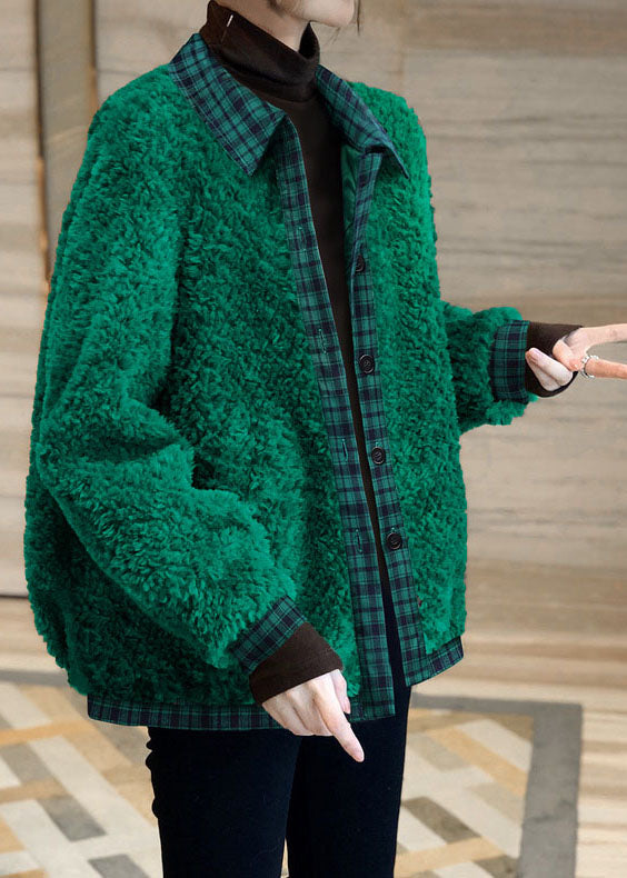 Simple Green Button Patchwork Faux Fur Outwear Winter