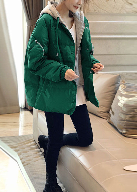 Simple Green Button Patchwork Faux Fur Outwear Winter