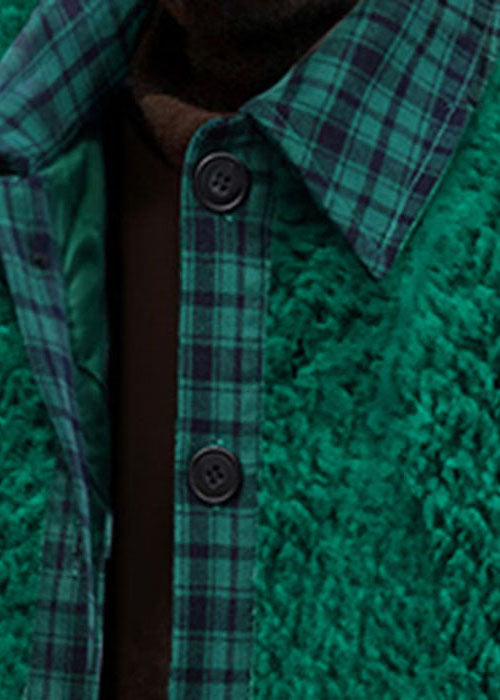 Simple Green Button Patchwork Faux Fur Outwear Winter