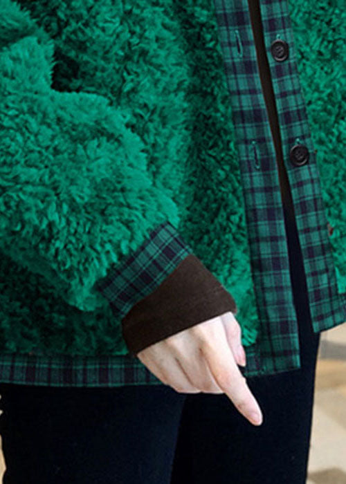 Simple Green Button Patchwork Faux Fur Outwear Winter