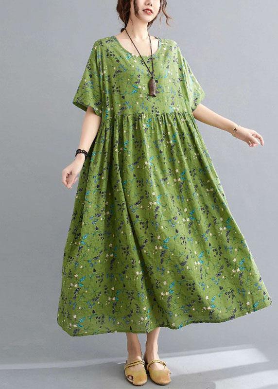 Simple Green Circle O-Neck Print Summer Loose Maxi Dresses Half Sleeve - Omychic