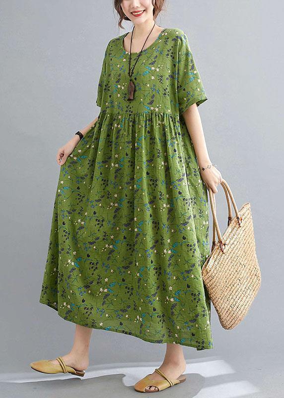 Simple Green Circle O-Neck Print Summer Loose Maxi Dresses Half Sleeve - Omychic