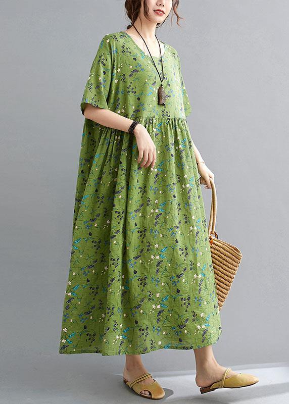 Simple Green Circle O-Neck Print Summer Loose Maxi Dresses Half Sleeve - Omychic