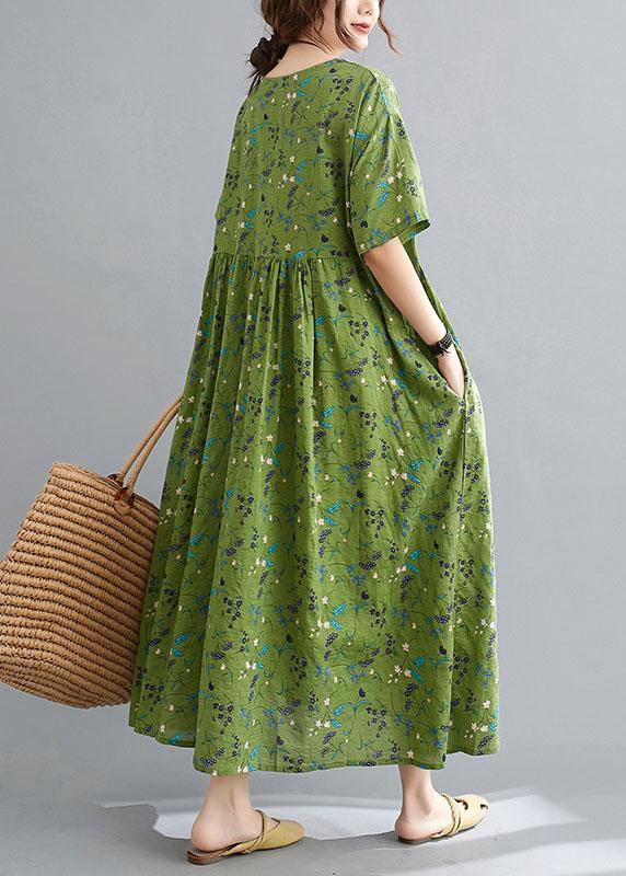 Simple Green Circle O-Neck Print Summer Loose Maxi Dresses Half Sleeve - Omychic