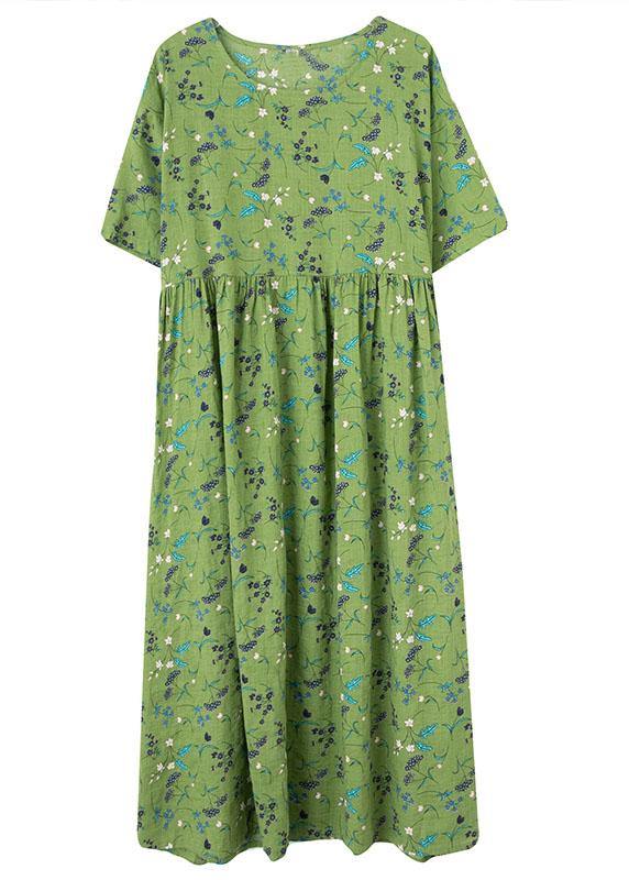 Simple Green Circle O-Neck Print Summer Loose Maxi Dresses Half Sleeve - Omychic