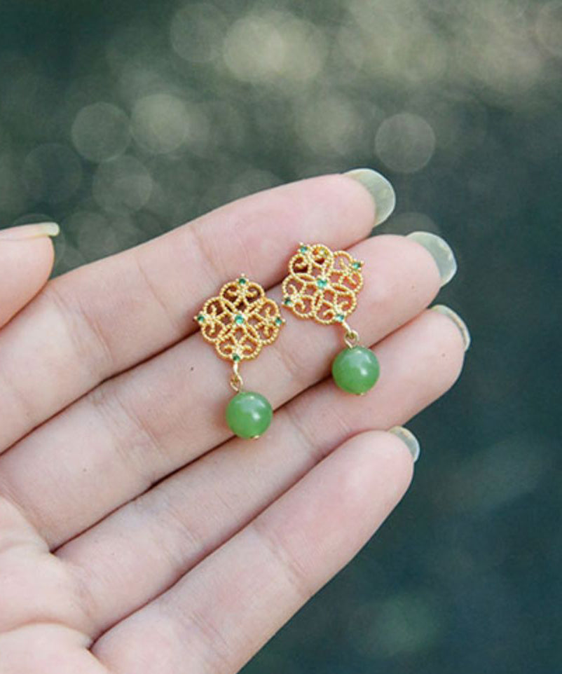 Simple Green Floral Hetian Jade Stud Earrings