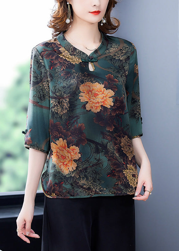 Simple Green O-Neck Print Button Silk Top Half Sleeve