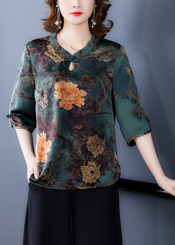 Simple Green O-Neck Print Button Silk Top Half Sleeve