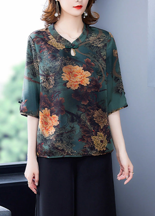 Simple Green O-Neck Print Button Silk Top Half Sleeve