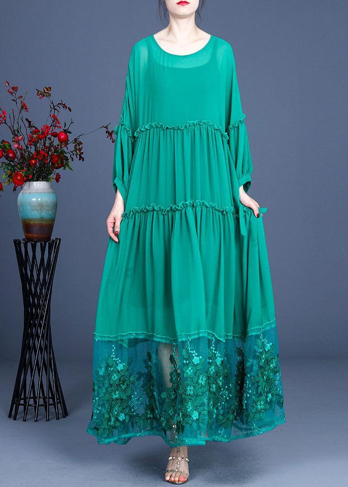 Simple Green Patchwork Lace Embroideried Hollow Out Summer Dress - Omychic