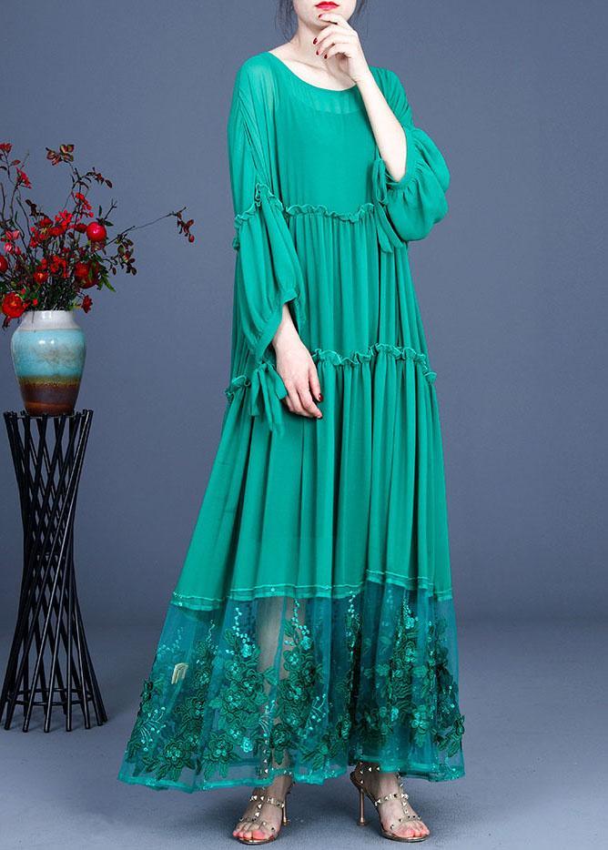 Simple Green Patchwork Lace Embroideried Hollow Out Summer Dress - Omychic