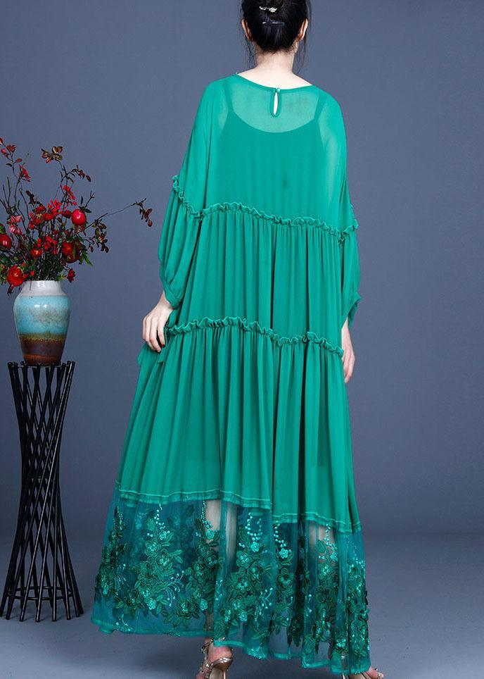 Simple Green Patchwork Lace Embroideried Hollow Out Summer Dress - Omychic
