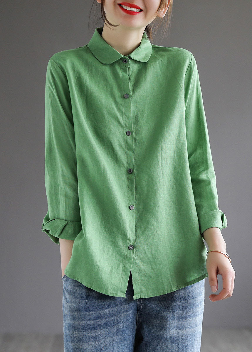 Simple Green Peter Pan Collar Button Patchwork Cotton Blouse Tops Spring