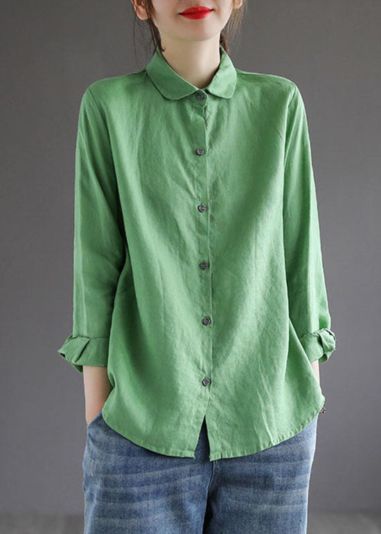 Simple Green Peter Pan Collar Button Patchwork Cotton Blouse Tops Spring