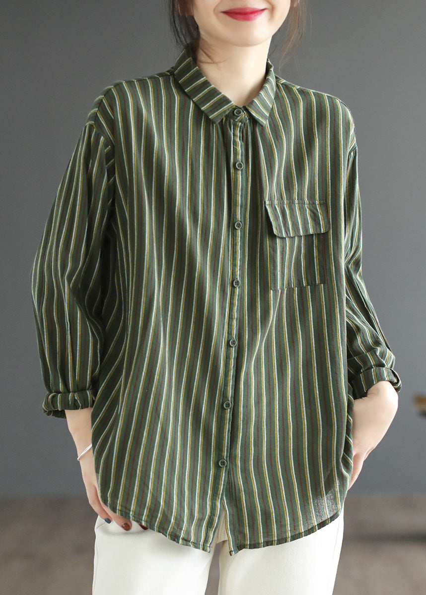 Simple Green Peter Pan Collar Striped Button Cotton Shirt Long Sleeve