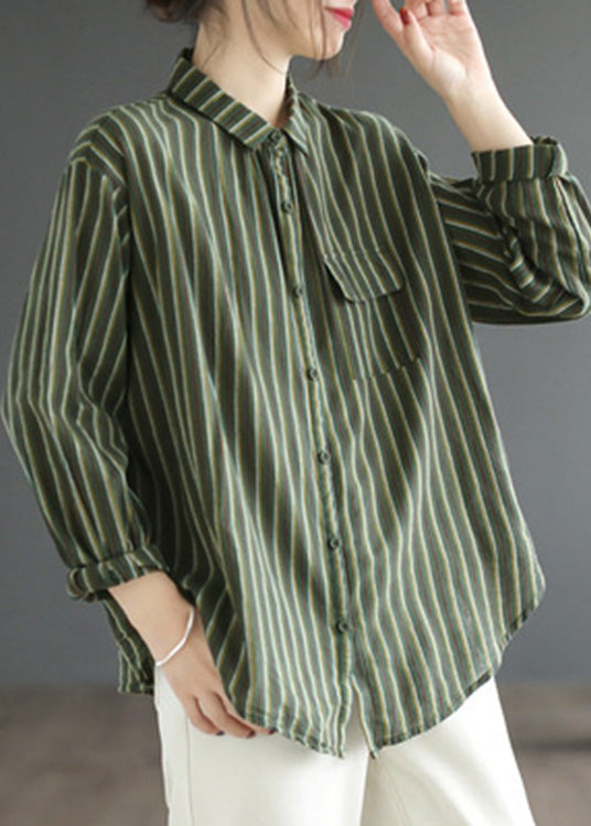 Simple Green Peter Pan Collar Striped Button Cotton Shirt Long Sleeve