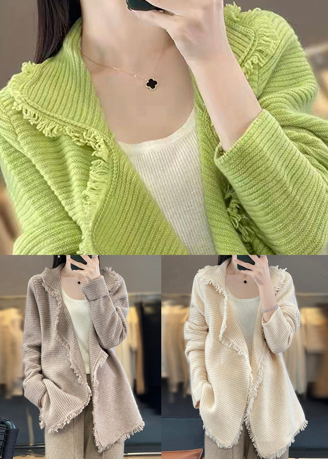 Simple Green Peter Pan Collar Tasseled Patchwork Wool Cardigan Fall