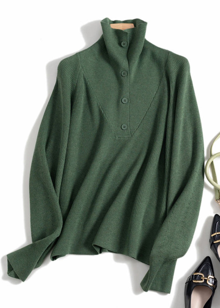 Simple Green Solid Button Wool Knit Top Spring