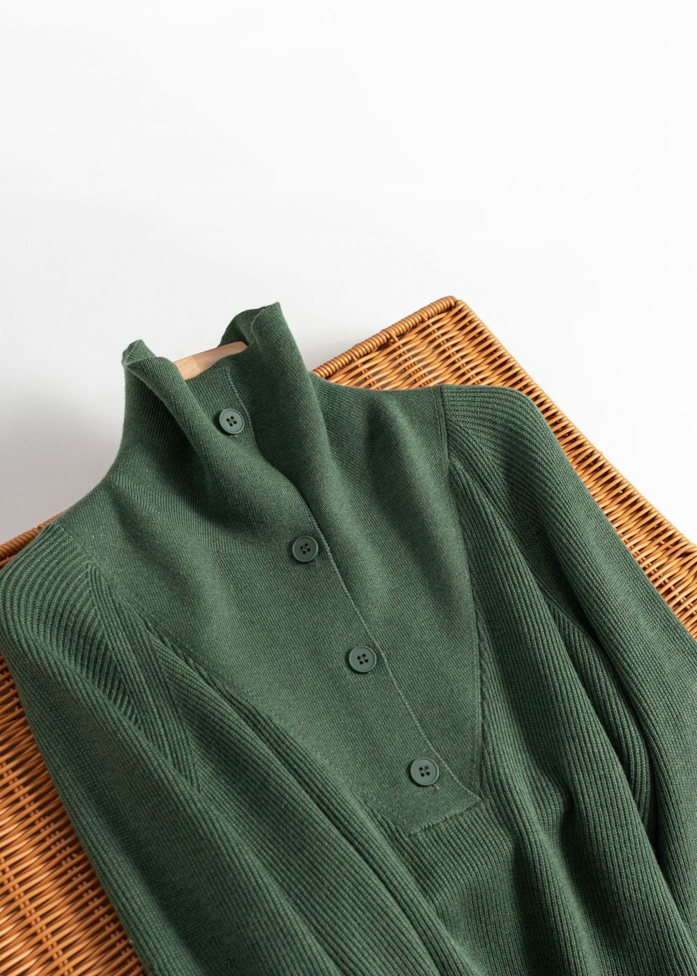 Simple Green Solid Button Wool Knit Top Spring