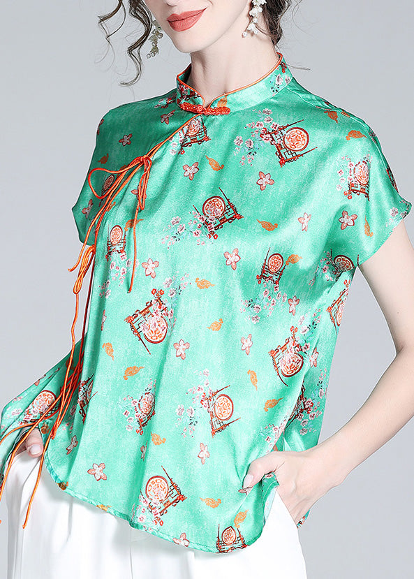 Simple Green Stand Collar Asymmetrical Print Button Silk Top Short Sleeve