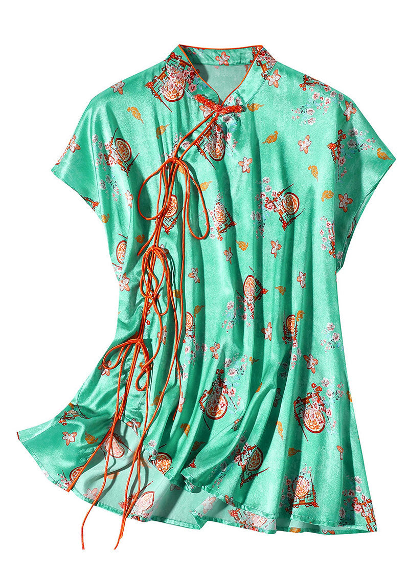 Simple Green Stand Collar Asymmetrical Print Button Silk Top Short Sleeve