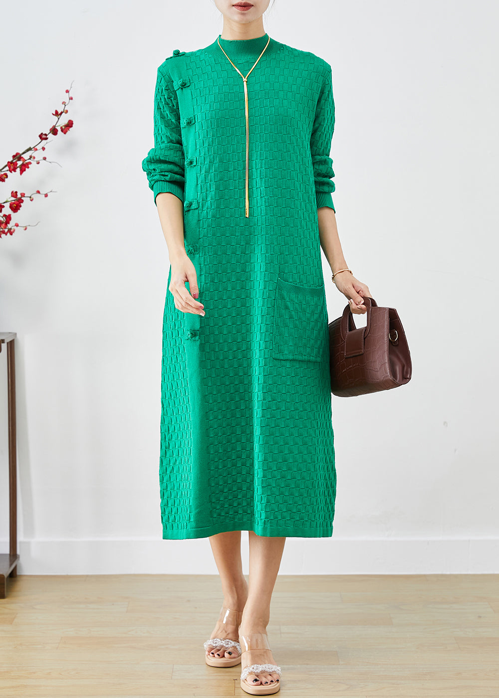 Simple Green Stand Collar Chinese Button Knitwear Dress Fall