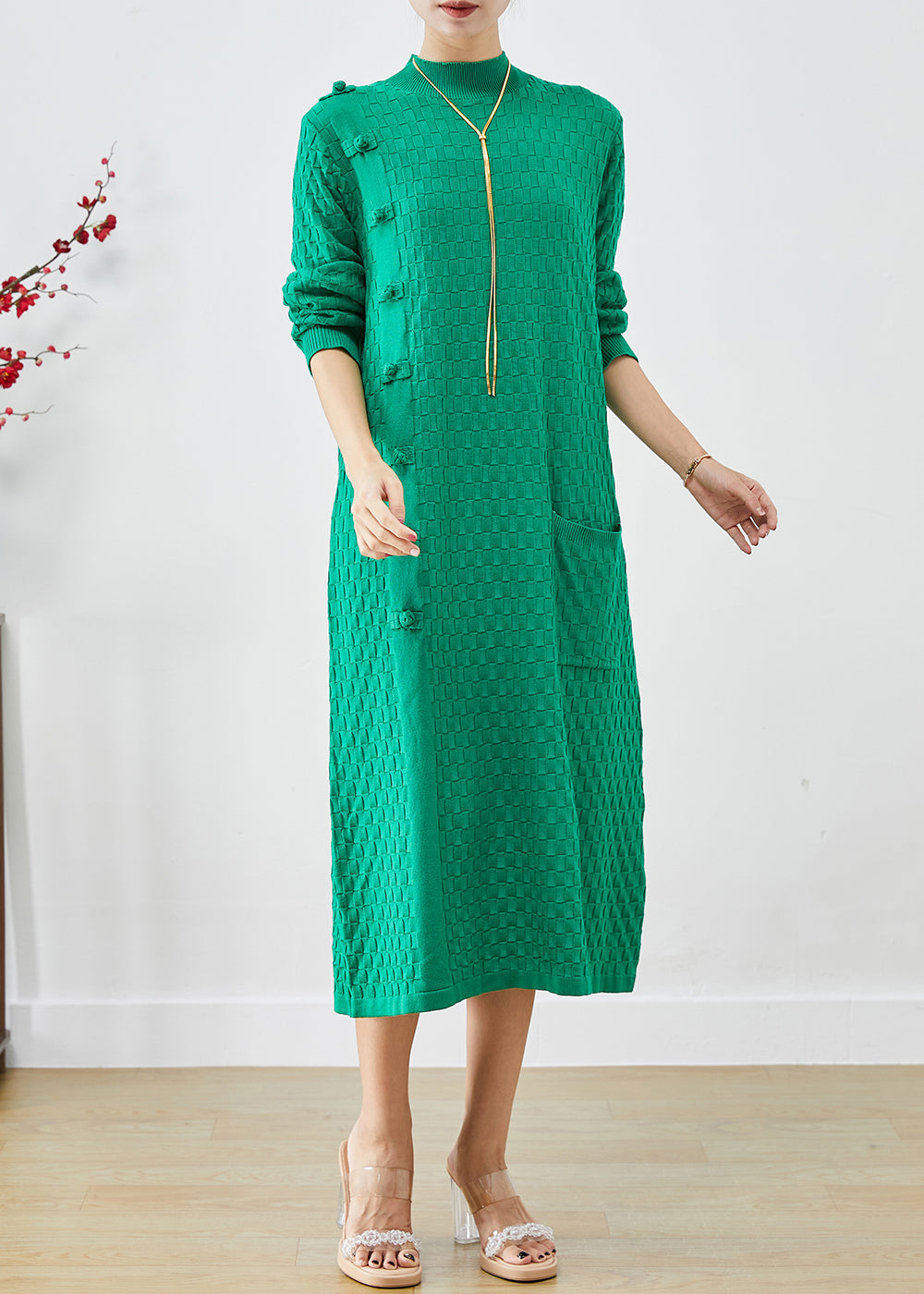 Simple Green Stand Collar Chinese Button Knitwear Dress Fall