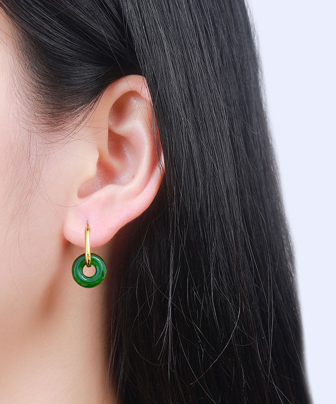 Simple Green Sterling Silver Overgild Jade Ping An Buckle Drop Earrings