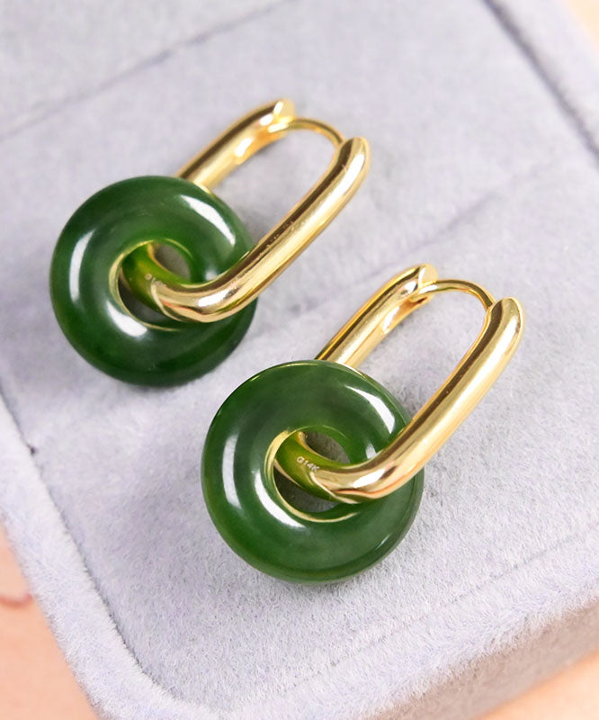 Simple Green Sterling Silver Overgild Jade Ping An Buckle Drop Earrings