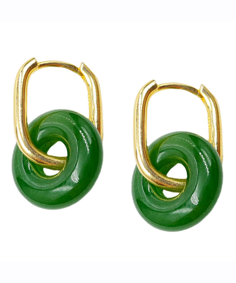 Simple Green Sterling Silver Overgild Jade Ping An Buckle Drop Earrings