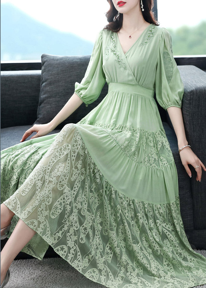 Simple Green V Neck Embroideried Floral Elastic Waist Silk Long Dress Short Sleeve