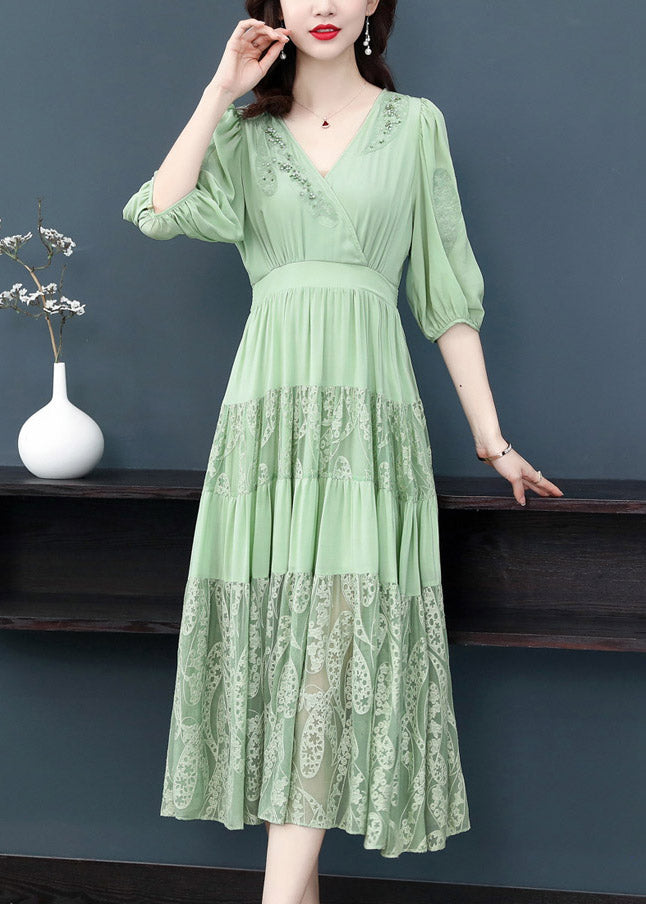 Simple Green V Neck Embroideried Floral Elastic Waist Silk Long Dress Short Sleeve