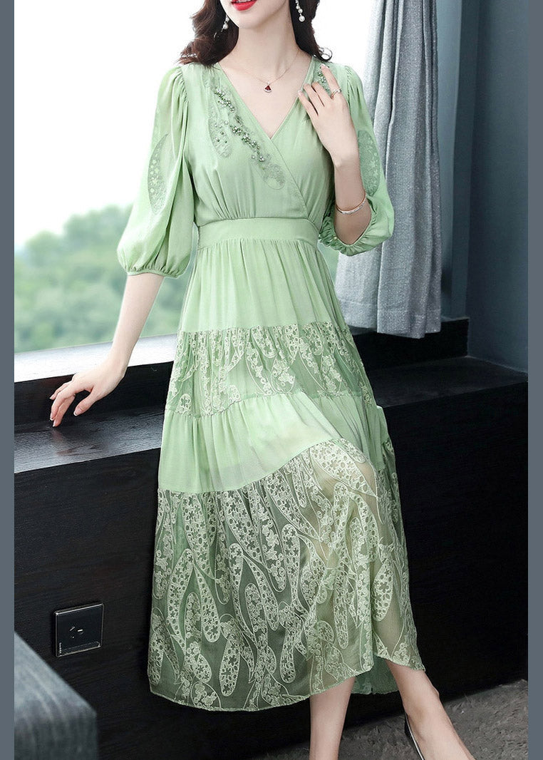 Simple Green V Neck Embroideried Floral Elastic Waist Silk Long Dress Short Sleeve