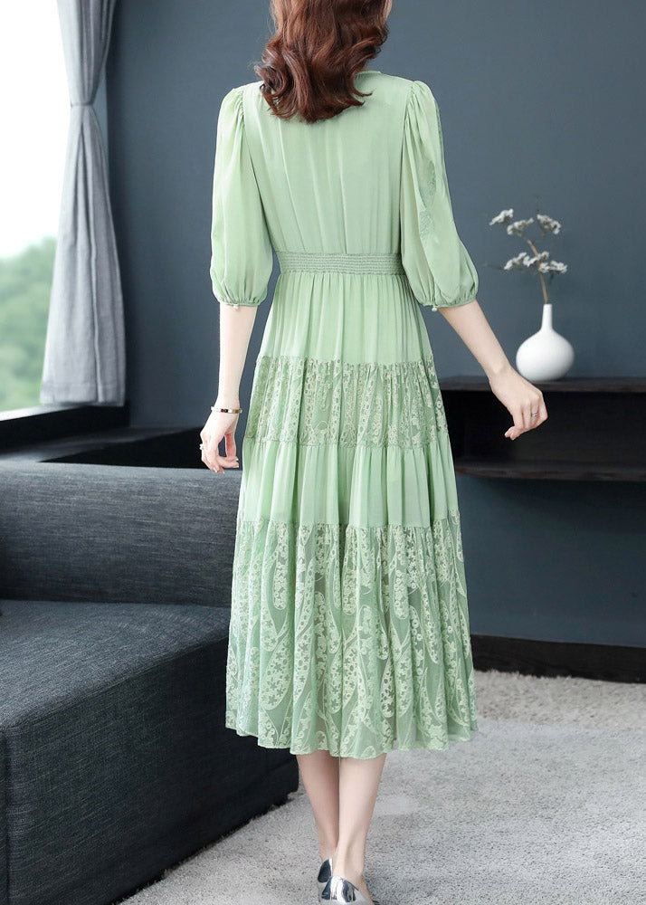 Simple Green V Neck Embroideried Floral Elastic Waist Silk Long Dress Short Sleeve