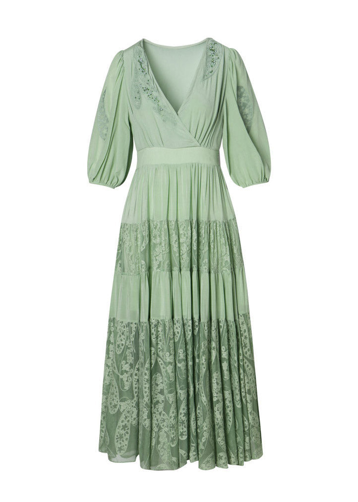 Simple Green V Neck Embroideried Floral Elastic Waist Silk Long Dress Short Sleeve