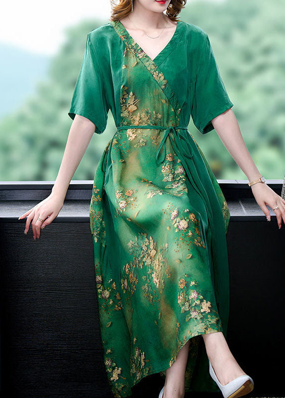 Simple Green V Neck Patchwork Print Silk Dress Summer