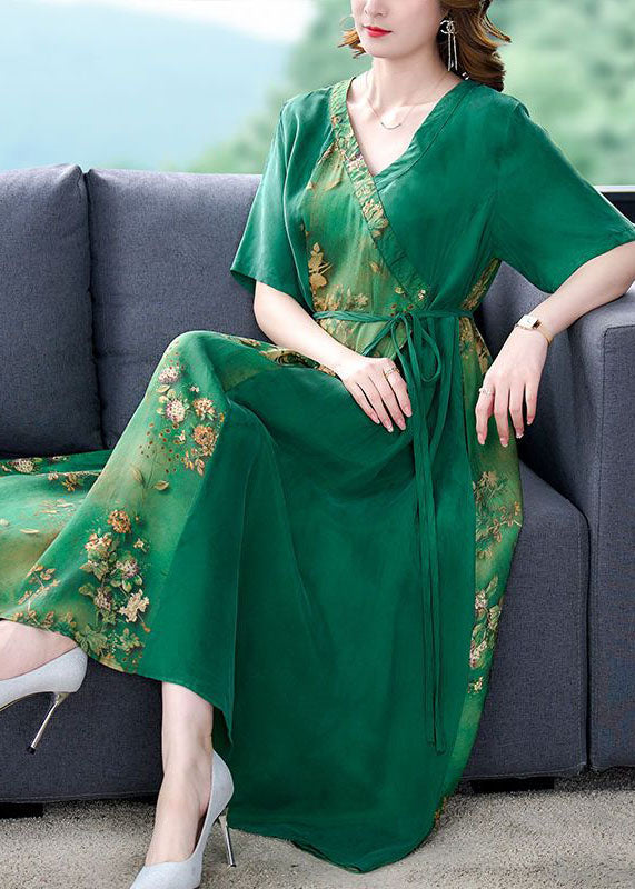 Simple Green V Neck Patchwork Print Silk Dress Summer