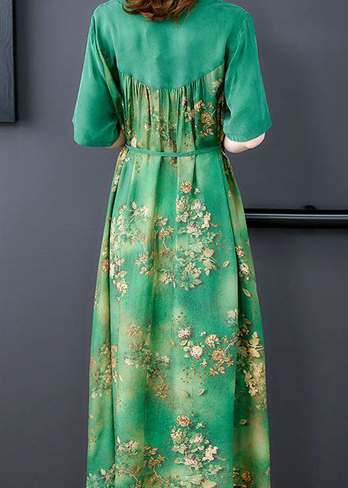 Simple Green V Neck Patchwork Print Silk Dress Summer