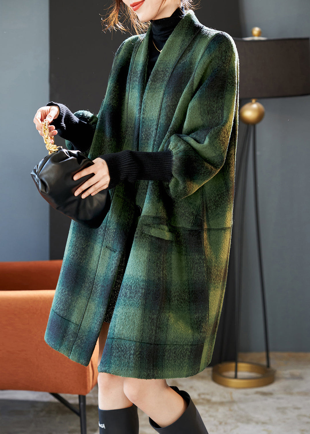 Simple Green V Neck Plaid Thick Woolen Coats Winter