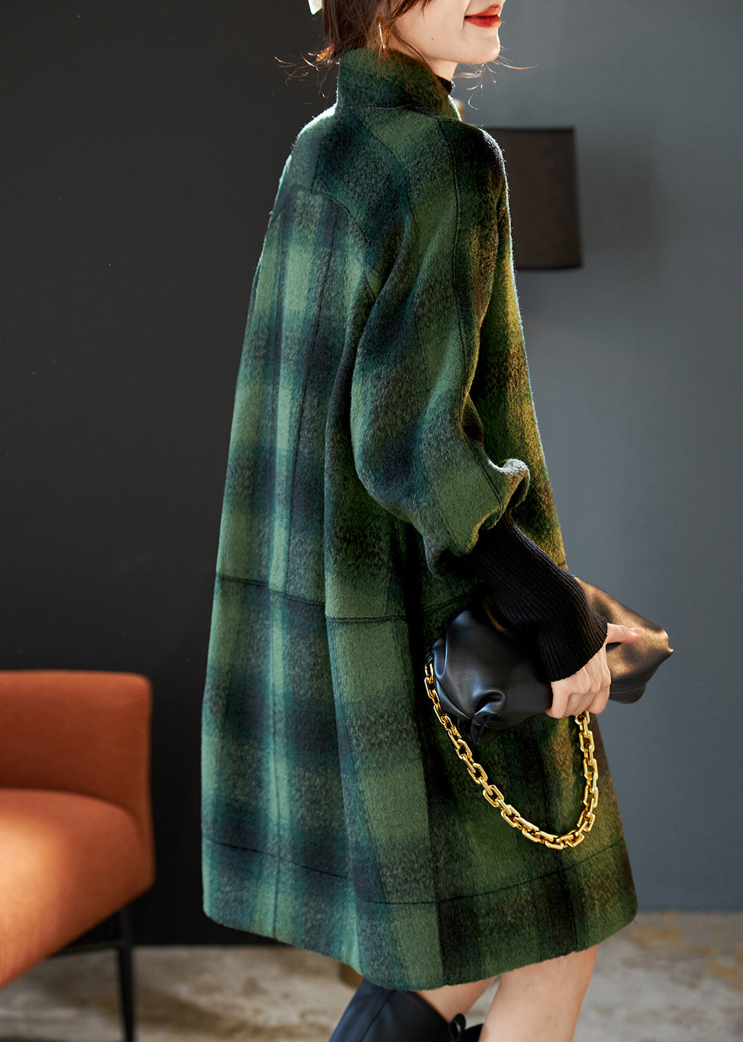 Simple Green V Neck Plaid Thick Woolen Coats Winter