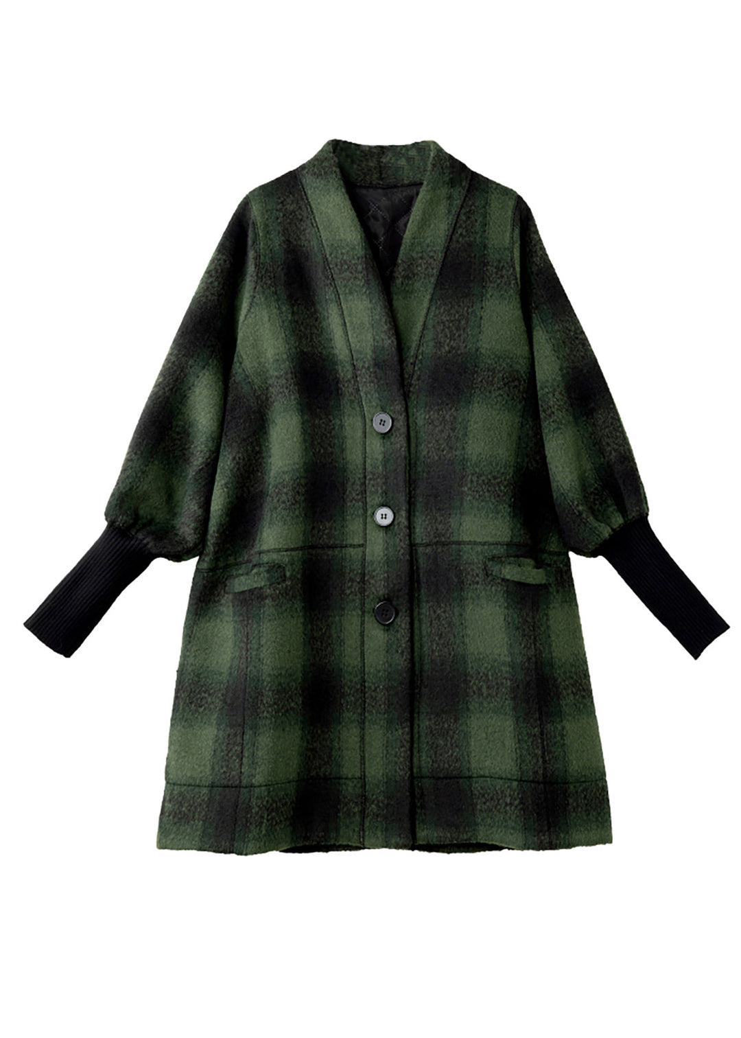 Simple Green V Neck Plaid Thick Woolen Coats Winter
