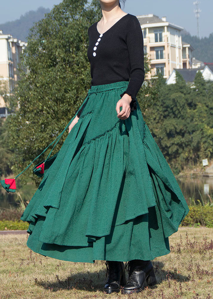 Simple Green Wrinkled Asymmetrical Patchwork Cotton Skirts Spring