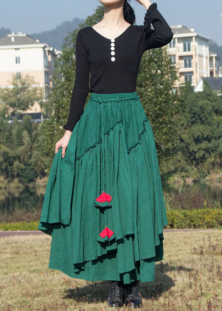 Simple Green Wrinkled Asymmetrical Patchwork Cotton Skirts Spring