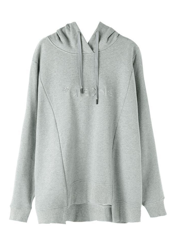 Simple Grey Asymmetrical Graphic Print Drawstring Cotton Sweatshirt Long Sleeve