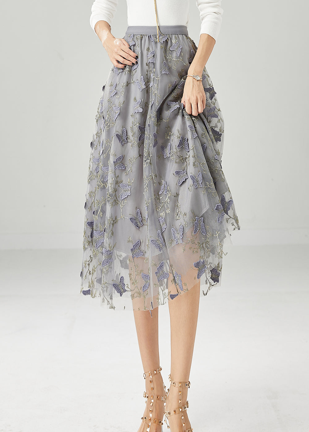 Simple Grey Embroideried Butterfly Tulle Skirt Fall